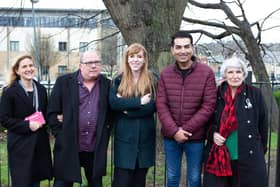 Angela Rayner, Labour's deputy leader, centre, pictured with Batley and Spen MP Kim Leadbeater and Heckmondwike councillors Steve Hall, Aafaq Butt and Viv Kendrick