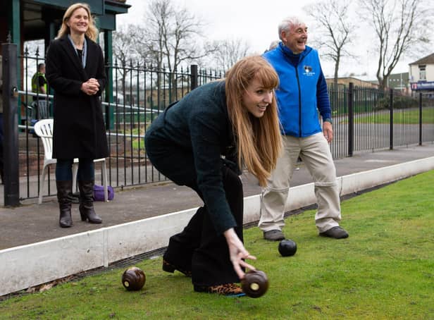 Angela Rayner, Deputy Leader of the Labour Party, has a game of bowls on the green in Firth Park during a visit to Heckmondwike