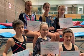 British Schools Trampoline finalists: Back row, from left: Jessica Wilman, Sophie Mallinson and Nolah Franks. Front row, from left: Daniel Pellegrina, Lily Mae Hamilton and George Crawshaw.