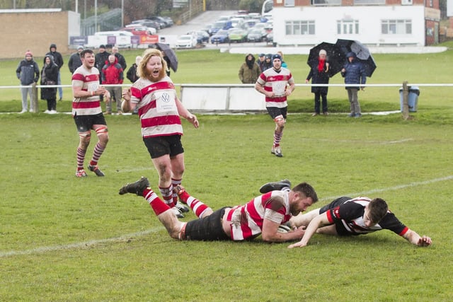 Ryan Piercy dives over for a try for Cleckheaton. Picture: Jim Fitton
