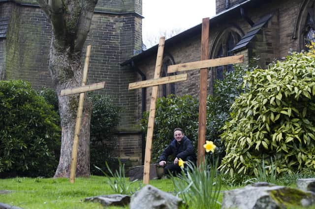 Rev Brunel James in the Easter garden at St Luke's Church, Cleckheaton