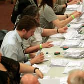 Vote counting at Cathedral House, Huddersfield, in the 2018 Kirklees Council elections