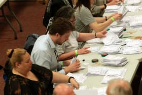 Vote counting at Cathedral House, Huddersfield, in the 2018 Kirklees Council elections