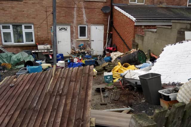 Dumped waste in the garden of a council home on Broomsdale Road, Batley