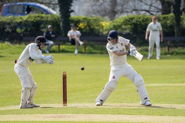 Methley wicketkeeper Alex Cree is ready and waiting as Cleckheaton's Ian Carradice faces this delivery in the opening game of the new season. Picture: Scott Merrylees