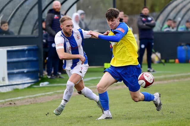 Nicky Walker scored the second goal as Liversedge FC beat Marske United 2-0 in the possible title showdown. Picture: Paul Butterfield