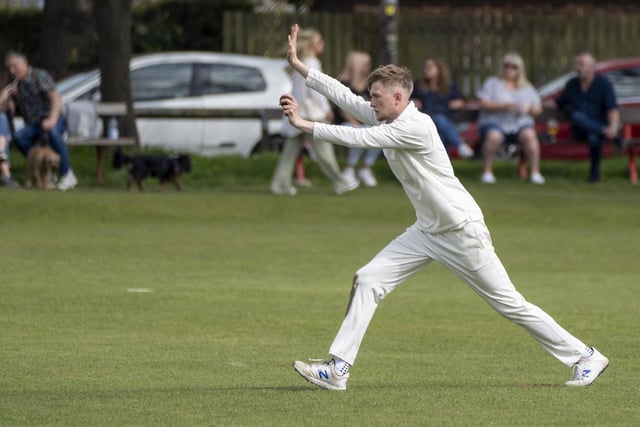 Methley's county bowler James Logan signals his intent and was to go on to take 3-13 against Cleckheaton. Picture: Scott Merrylees