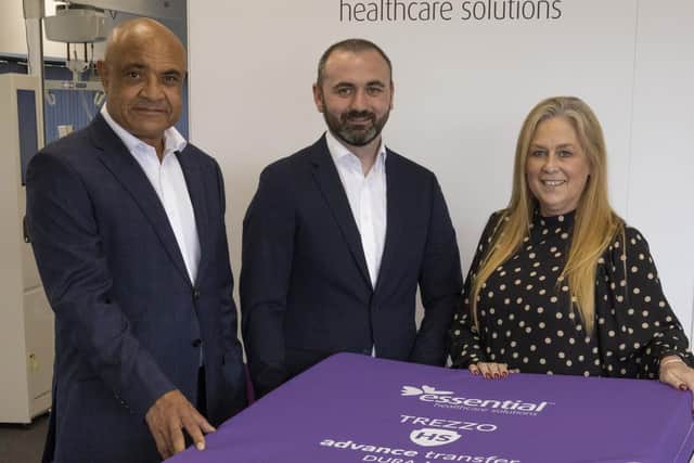 From left, Noel Stephenson, Thomas Owens and Pauline Towey from Essential Healthcare Solutions with Trezzo product.