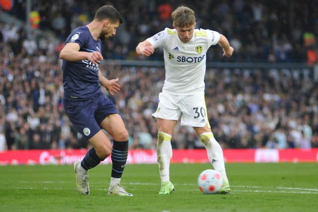 Joe Gelhardt on the ball for Leeds United in their 4-0 defeat to Manchester City.