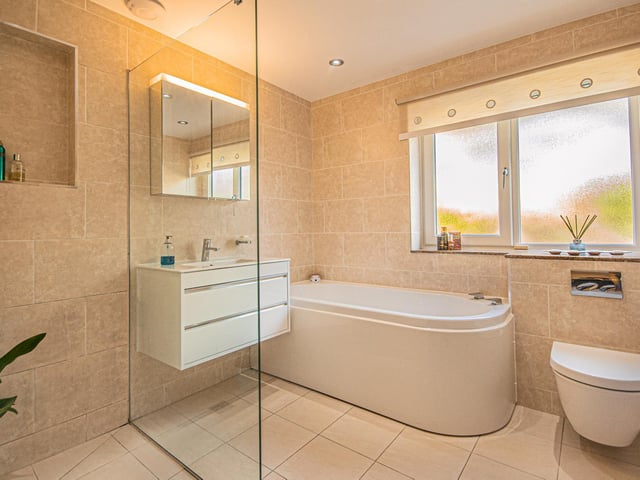 A deep bathtub and walk-in shower form part of this modern bathroom.