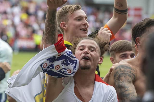 Kalvin Phillips leads the celebrations at Leeds United surviving relegation from the Premier League.