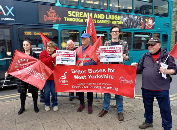 Campaigners from Better Buses for West Yorkshire and Unite Community were outside Dewsbury Bus Station yesterday (Wednesday) asking the public to support many of the region’s bus drivers who are in dispute with their employer, Arriva