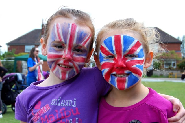 Isla Bentley and Grace Keedy sported Union Jack face paint at the Gildersome Sports Club jubilee celebrations.