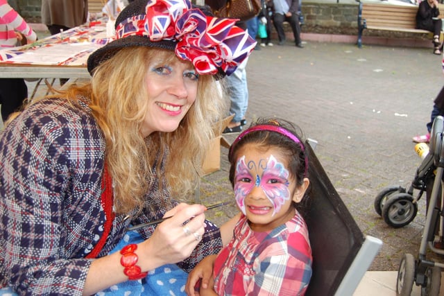 Dewsbury Jubilee Celebrations. Khadijah Ahmed enjoyed having her face painted by Jude Harding.