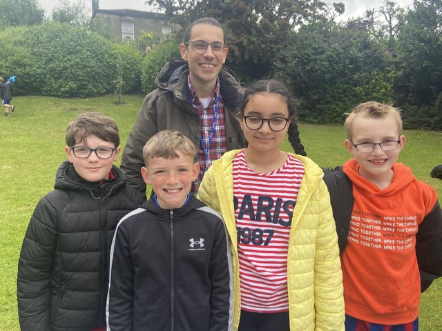 Charlie Laffey, Finley Ellis, Leo Townsend, Siopareet Aulakha and teacher Mr Conway at Hanging Heaton Junior and Infant School