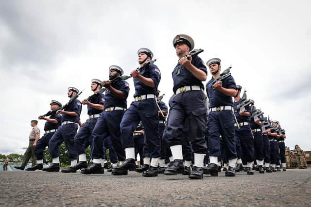 The Royal Navy State Ceremonial Team putting personnel through their paces at HMS Collingwood in Fareham, Hampshire ahead of the Queen's Platinum Jubilee Pageant in London on Sunday, June 5