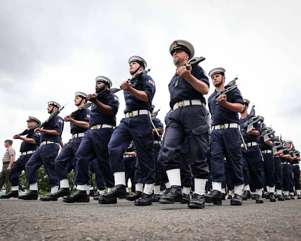 The Royal Navy State Ceremonial Team putting personnel through their paces at HMS Collingwood in Fareham, Hampshire ahead of the Queen's Platinum Jubilee Pageant in London on Sunday, June 5