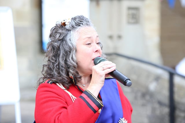 Singer Karen Clegg serenades the crowd at the Jubilee Community Lunch at Longcauseway Church, Dewsbury