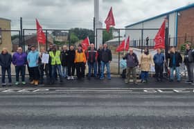Drivers and engineers with Unite on a picket line outside the Arriva bus depot in Dewsbury as the first day of strike action gets underway yesterday