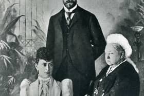 Queen Victoria is pictured here with her grandson, the Duke of York, later to be King George V, and his bride to be Princess Mary, on the day their wedding in 1893 was announced. The young royal couple would later visit Dewsbury and Batley in 1916, and their granddaughter, the present Queen Elizabeth, would visit Dewsbury in 1953.  On both Royal occasions there was great rejoicing in the district.