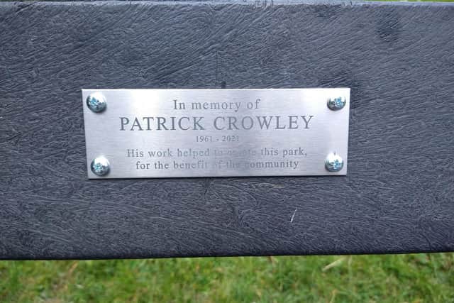 The new plaque in place in tribute to Patrick Crowley