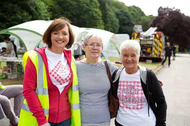 Sam Vickers, Ann Mullany and Jean Leadbeater at the Great Get Together in Wilton Park, Batley