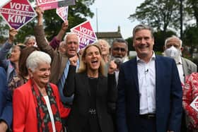 Kim Leadbeater celebrates with Labour Party leader Keir Starmer, her mother Jean Leadbeater and supporters in Cleckheaton Memorial Park during a visit following her victory in the Batley and Spen by-election in July 2021 (Photo: Getty Images)