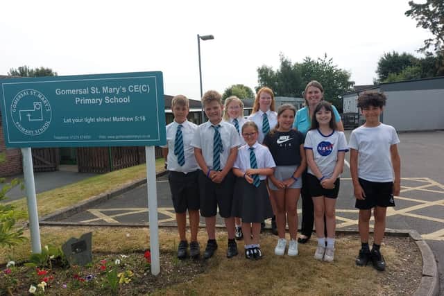Head teacher Jane Barker and pupils at Gomersal St Mary's CE Primary School