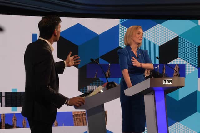 Rishi Sunak and Liz Truss speaking during the BBC1 Conservative leadership debate, Our Next Prime Minister, hosted by Sophie Raworth, at Victoria Hall, Hanley, Stoke on Trent, on Monday night. Photo: Jeff Overs/BBC