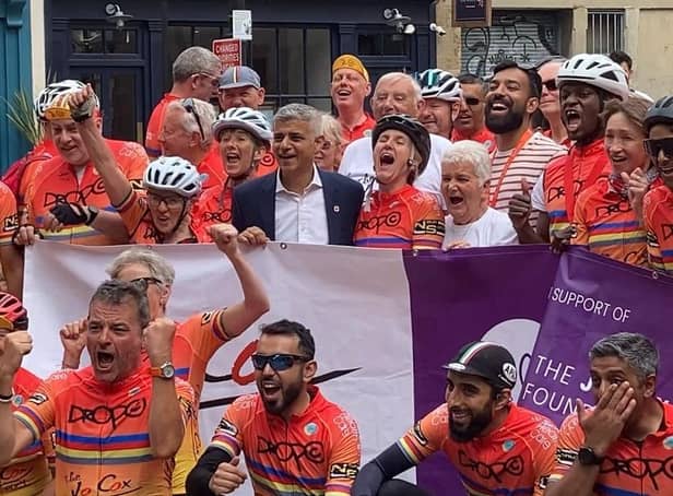 The Jo Cox Way cyclists where greeted in London at the end of their five-day ride
from West Yorkshire by Kim Leadbeater MP; her parents, Jean and Gordon; and the
Mayor of London, Sadiq Khan.