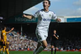 Brenden Aaronson celebrates after being involved with the winning goal for Leeds United against Wolves.