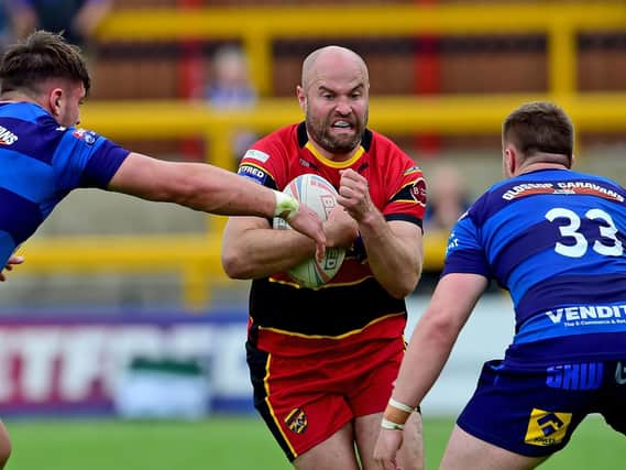 DROP-GOAL: Half-back Liam Finn slotted over a one pointer with six minutes remaining as Dewsbury Rams defeated Whitehaven in their opening game of the 2021 Championship  campaign. Picture: Paul Butterfield.