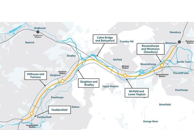 A map showing the improvements planned on the rail line between Huddersfield and Westtown (Dewsbury)
