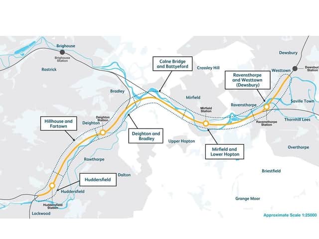 A map showing the improvements planned on the rail line between Huddersfield and Westtown (Dewsbury)