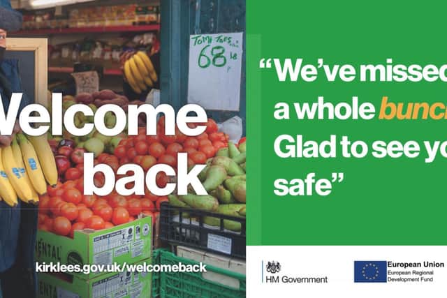 One of the posters for the Welcome Back campaign featuring Mr Baig, a greengrocer on Dewsbury Market