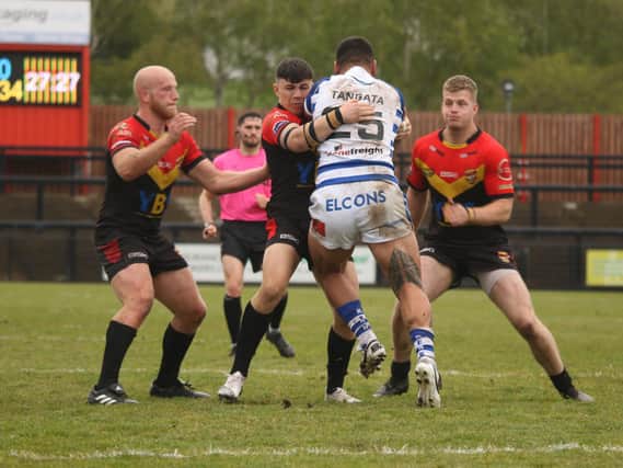 DEFEAT: Action from Dewsbury Rams' loss to Halifax Panthers on Sunday afternoon. Picture: Thomas Fynn.