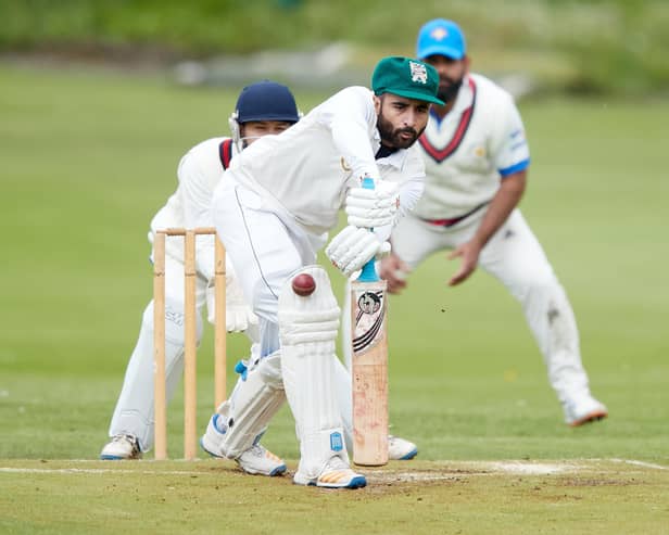 Ali Rafiq, on his way to making an unbeaten 80 on his debut for Scholes against Wakefield St Michael's. Picture: John Clifton