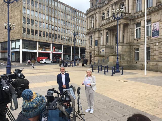 Leader of Kirklees Council, Coun Shabir Pandor, and West Yorkshire Mayor, Tracy Brabin, at a press conference in Dewsbury