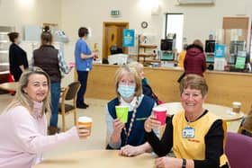 Clare Naughton, Lynda Dews and Rosemary Buckingham, volunteers at The Ridings voluntary cafe, celebrate being able to keep the cafe open at Dewsbury and District Hospital