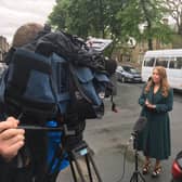 Kirklees Council’s director of public health, Rachel Spencer-Henshall, speaks to the media in Savile Town, Dewsbury, about the launch of “surge testing” following a spike in coronavirus infection rates