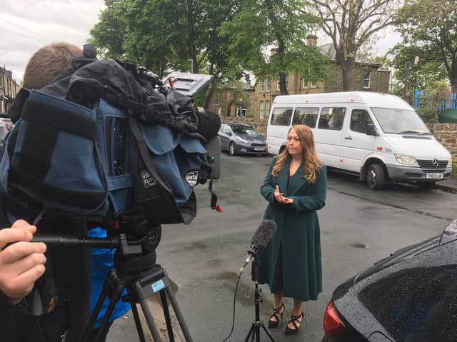 Kirklees Council’s director of public health, Rachel Spencer-Henshall, speaks to the media in Savile Town, Dewsbury, about the launch of “surge testing” following a spike in coronavirus infection rates