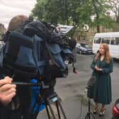 Rachel Spencer-Henshall, director of public health at Kirklees Council, speaking to the media in Savile Town, Dewsbury, at the launch of surge testing on Wednesday