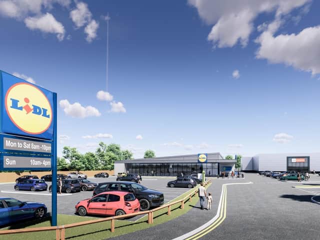 An artist's impression of the proposed new Lidl supermarket and Home Bargains store close to the Junction 27 Retail Park in Birstall