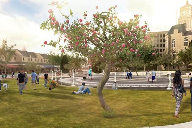 An artist's impression of the proposed new public park in Dewsbury town centre