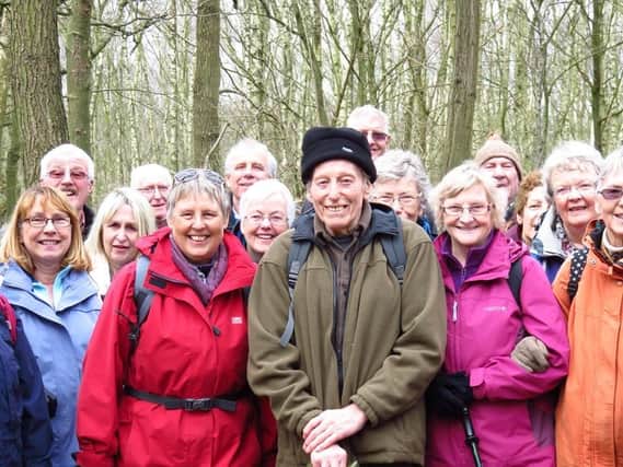 Les Stakes walking with Dewsbury Ramblers on his 90th birthday