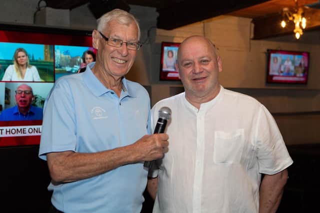 Nick Westwell, director of Origin bar in Batley, with legendary broadcaster John Helm, who is commentating live on England's Euro 2020 matches at the venue