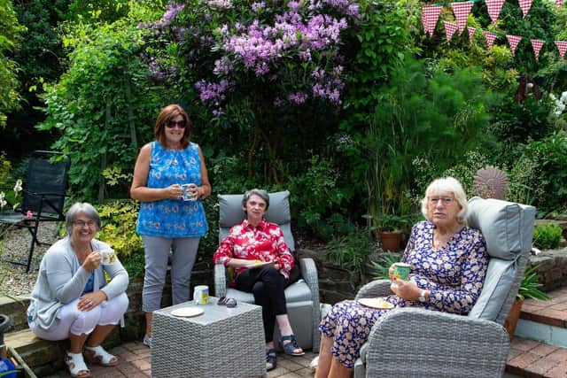 Jill Hardaker, Susan Hodge, Julie Hodge and Mavis Threlfall at a garden party for the Great Get Together, held at Janet and Iain Astle's home in Cleckheaton