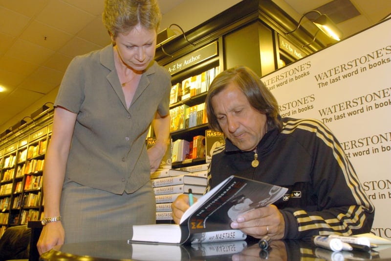 Tennis veteran Ilie Năstase visited Leeds to sign copies of his book at Waterstones in the city centre. He is pictured with Carol Haughton from Rothwell.