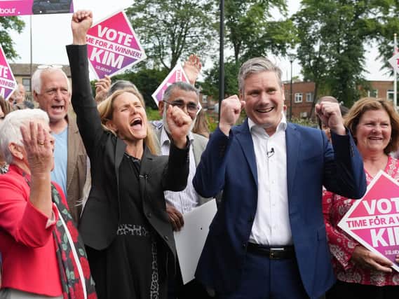 Kim Leadbeater and Labour leader Sir Keir Starmer celebrate with supporters in Cleckheaton after her victory in the Batley and Spen by-election. Photo: Getty Images