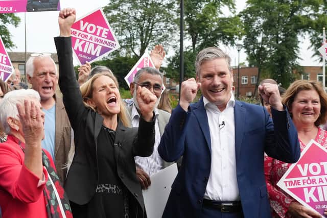 Ms Leadbeater celebrates her by-election victory with Sir Keir Starmer and Labour supporters in Cleckheaton. Photo: Getty Images